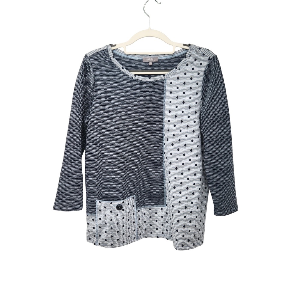 Habitat Mixed Print Scoop Neck 3/4 Sleeve Lagenlook Top Blue White Dots XS